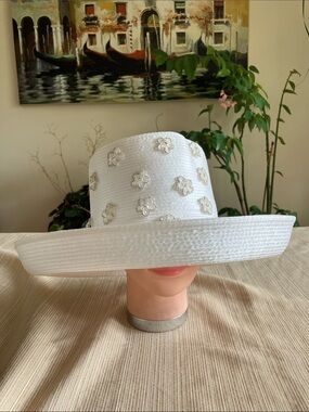 Chic Satin Ribbon White Hat With White Sequined Beaded Floral Accents